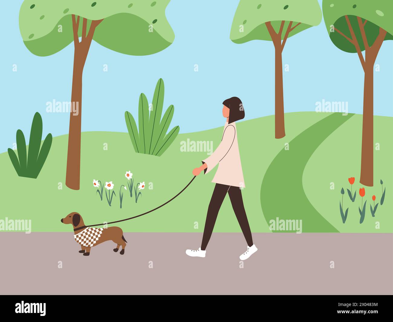 Niedliches Mädchen, das mit Hundedackel im Overall im Frühling im Stadtpark oder im Wald spaziert. Herbstliche Natur: Bäume, Blätter, Büsche und Blumen Stock Vektor