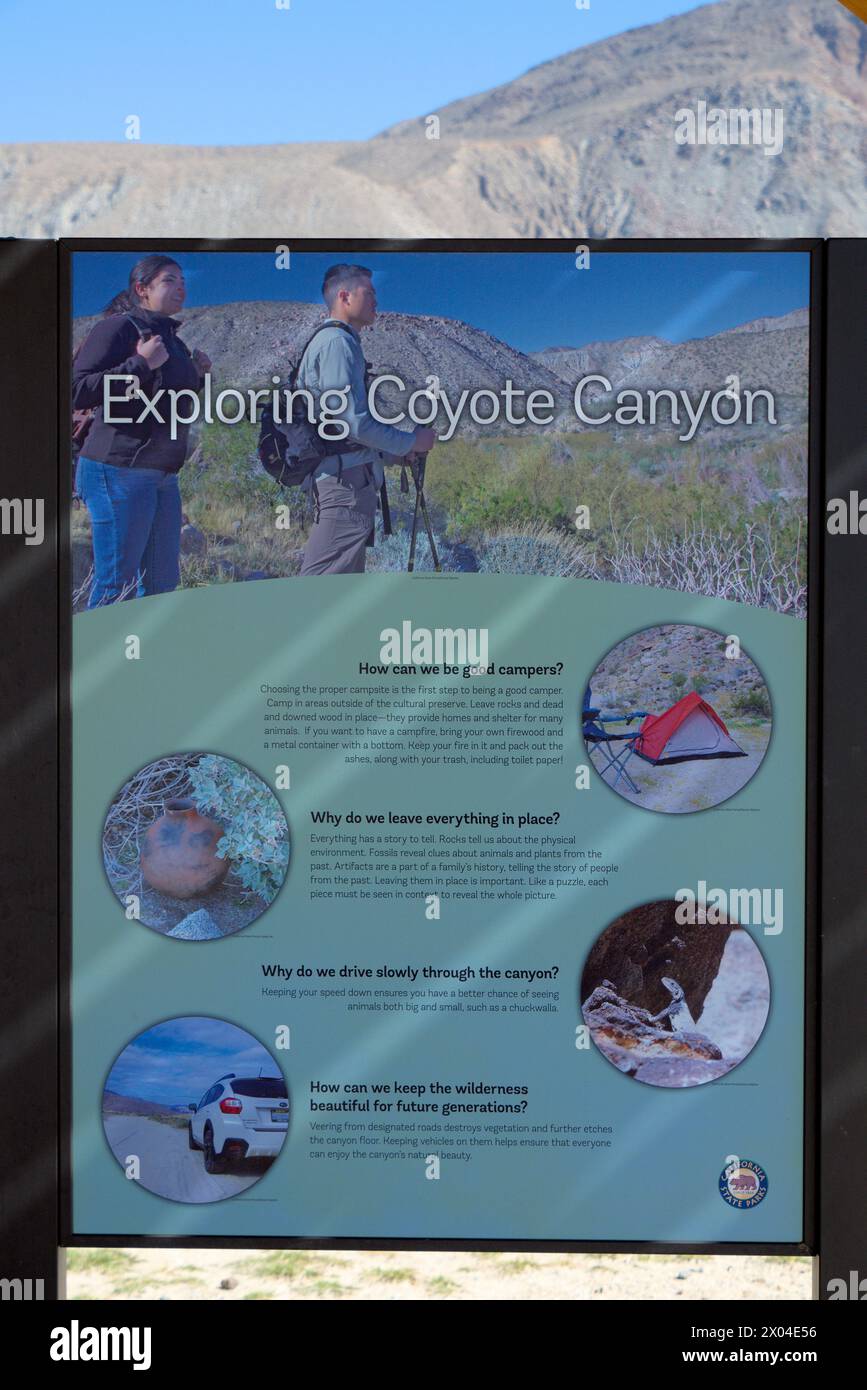 Wanderregeln für den California State Park Anza-Borrego Stockfoto