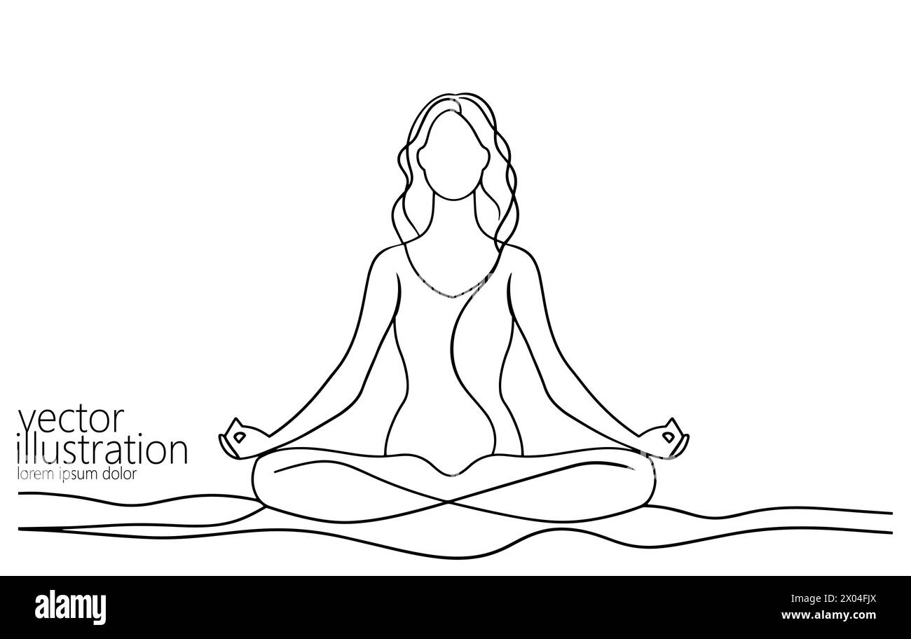 Eine durchgehende Art Yoga-Frau. Mädchen in Lotusposition Antistress Meditation minimalistische isolierte Skizziertinte Zeichnung. Vektorabbildung. Stock Vektor