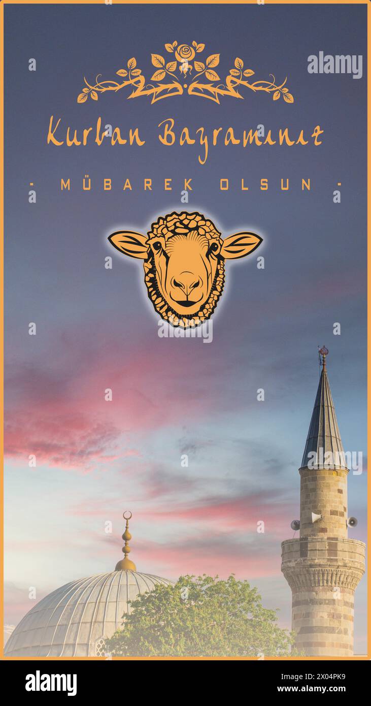 Kurban Bayraminiz Mubarek Olsun oder Eid al-Adha Grußkarte mit Schafmotiv und Moschee-Silhouette vor einem Abendhimmel. Post , Historie Stock Vektor