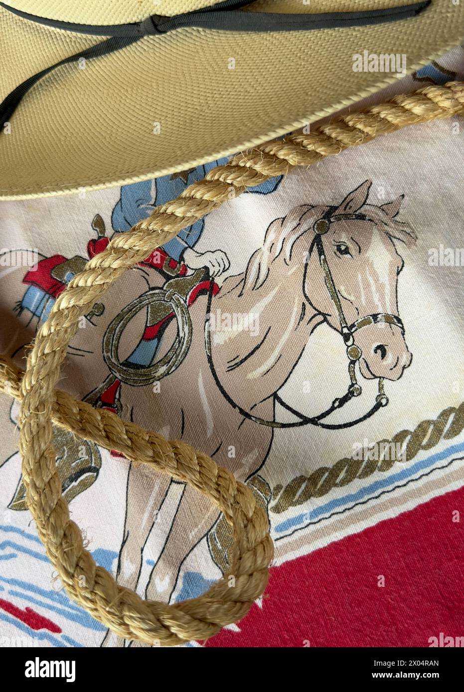 Das Bild eines Cowboy-Reitpferdes für Kinder ist von einem Seil und einem Westerhut aus Stroh umgeben. Pony hat Zügel, Reiter und Hintergrund von Stoff. Textabstand auf Hut. Stockfoto
