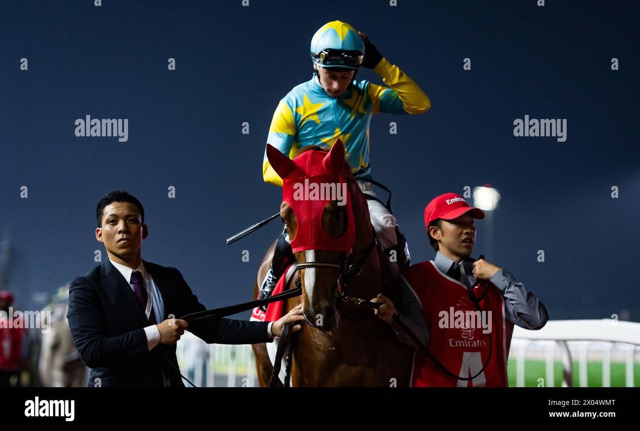 Derma Sotogake und Oisin Murphy starten zum G1 Dubai World Cup 2024, Meydan Racecourse, 24.03.30. Credit JTW equine Images / Alamy. Stockfoto