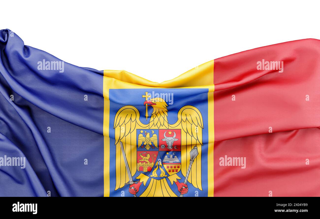 Flagge Rumäniens mit Wappen isoliert auf weißem Hintergrund mit Kopierraum darüber. 3D-Rendering Stockfoto