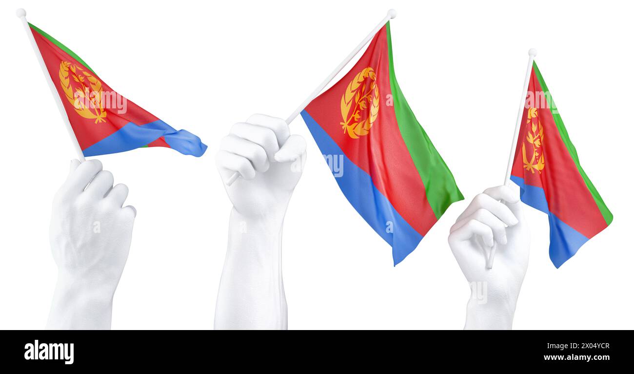 Drei isolierte Hände schwenken Eritrea-Flaggen, symbolisieren nationalen Stolz und Einheit Stockfoto