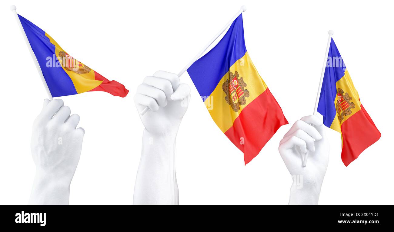Drei isolierte Hände schwenken Andorra-Fahnen, symbolisieren nationalen Stolz und Einheit Stockfoto