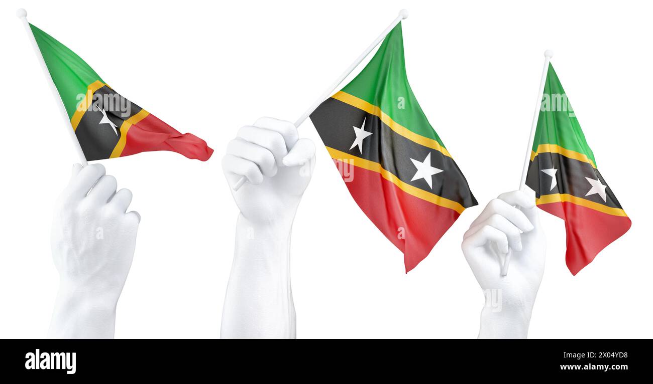 Drei isolierte Hände schwenken Saint-Kitts- und Nevis-Flaggen, die Nationalstolz und Einheit symbolisieren Stockfoto