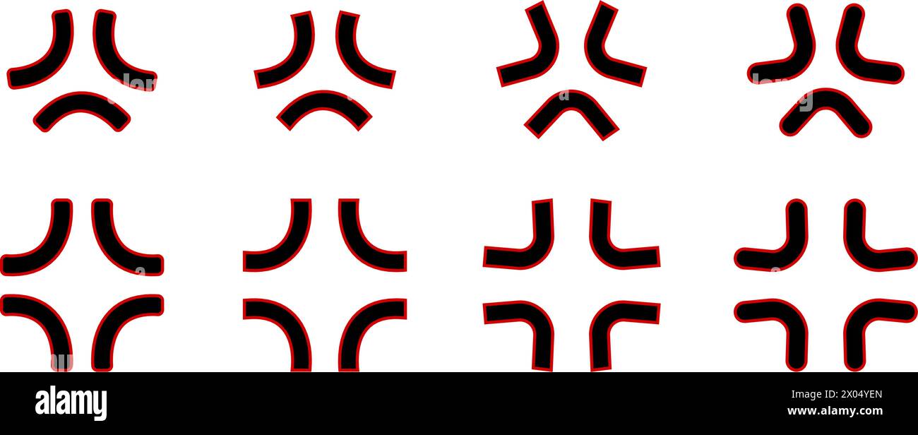 Set von Symbolen für Wut- oder Irritationseffekte in Comics im Anime- oder Manga-Stil. Manpu-Piktogramme. Kreuzende Symbole für die Adern. Wütende Emotion-Zeichentrickschilder isoliert auf weißem Hintergrund. Vektorabbildung. Stock Vektor