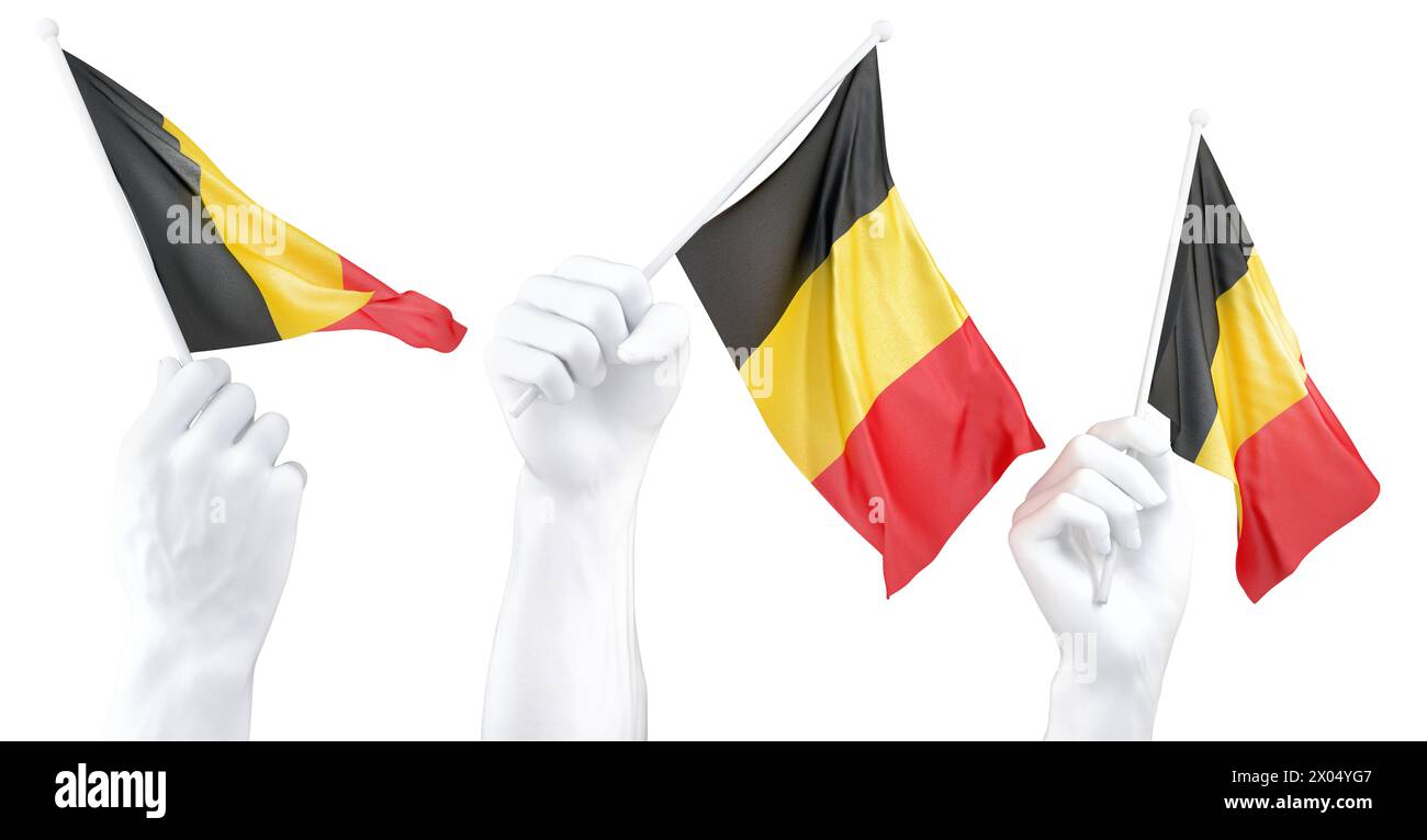 Drei isolierte Hände schwenken belgische Fahnen, symbolisieren nationalen Stolz und Einheit Stockfoto