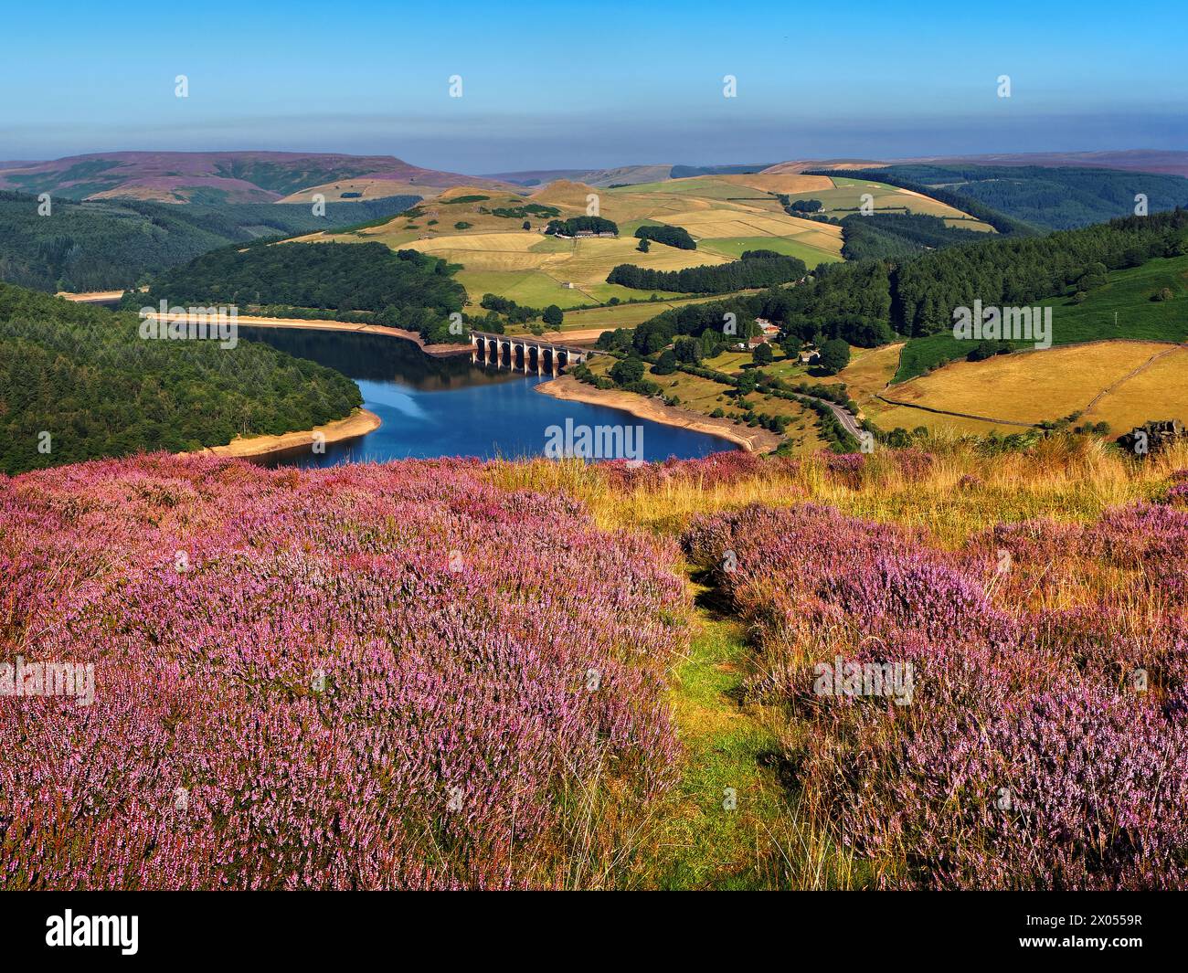 Großbritannien, Derbyshire, Peak District, Ladybower Reservoir ab Bamford Moor. Stockfoto