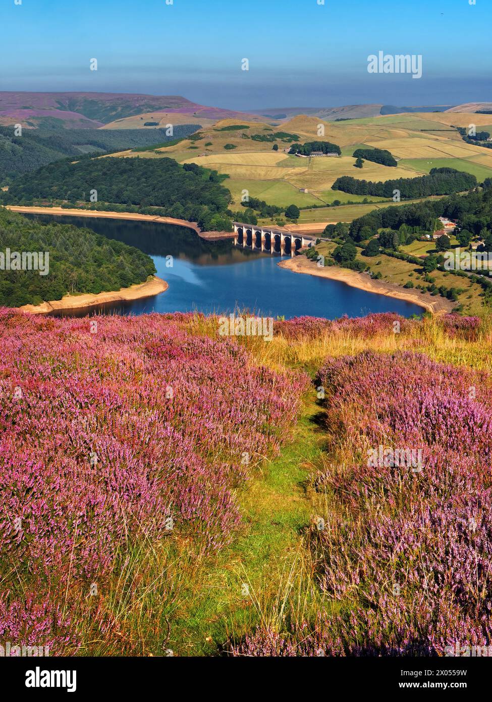 Großbritannien, Derbyshire, Peak District, Ladybower Reservoir ab Bamford Moor. Stockfoto