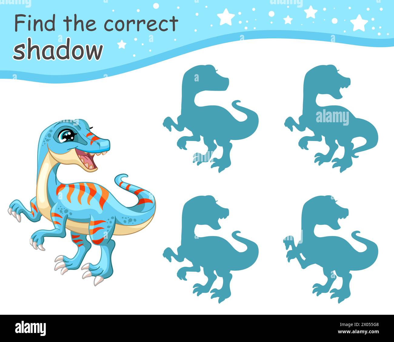 Suchen Sie den richtigen Schatten. Niedlicher Cartoon Velociraptor Dinosaurier. Pädagogisches Matching-Spiel für Kinder mit Zeichentrickfigur. Aktivität, Logikspiel für Kinder, Stock Vektor