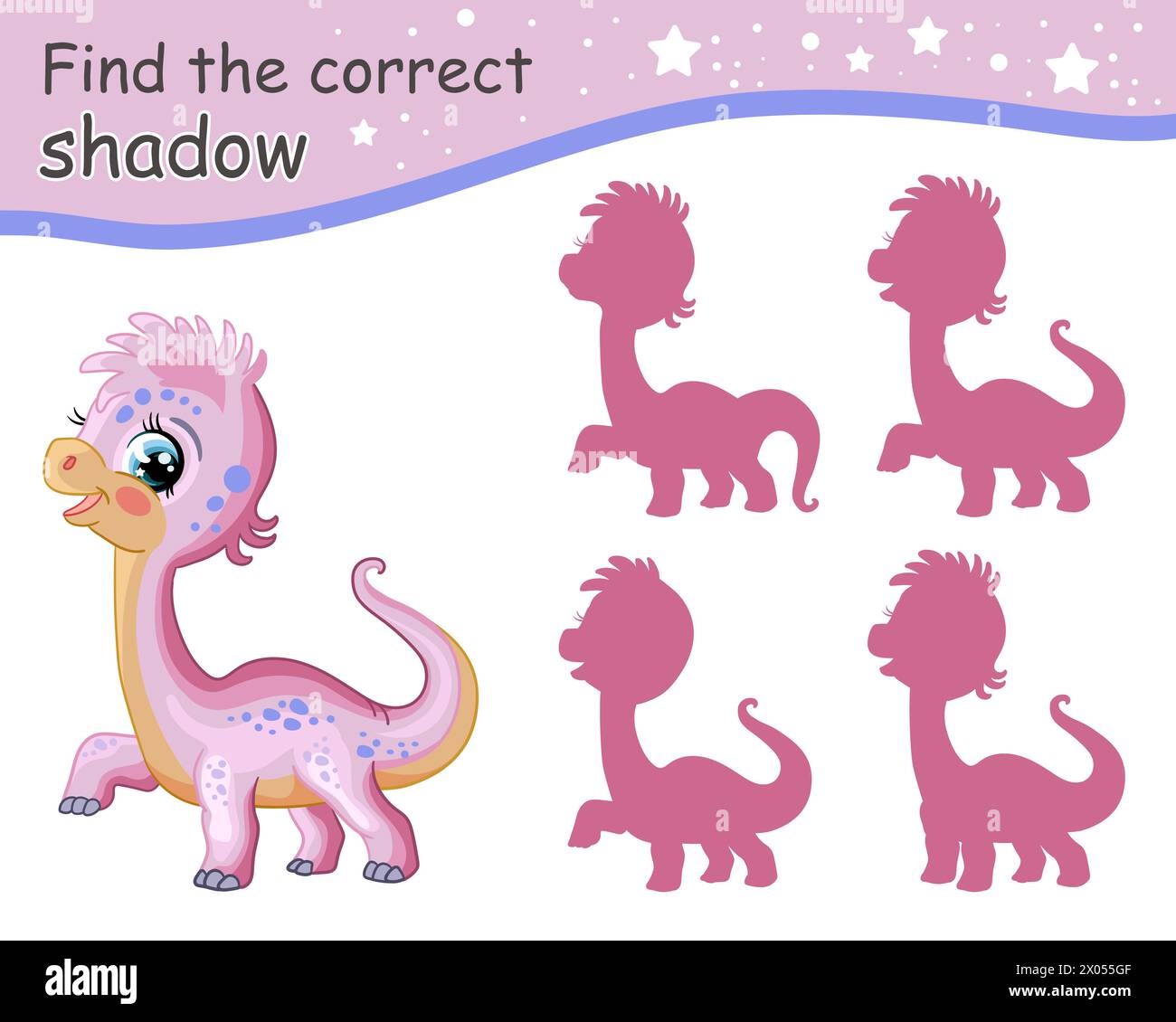 Suchen Sie den richtigen Schatten. Niedlicher, pinkfarbener Diplodocus-Dinosaurier. Pädagogisches Matching-Spiel für Kinder mit Zeichentrickfigur. Aktivität, Logikspiel, Lernen Stock Vektor