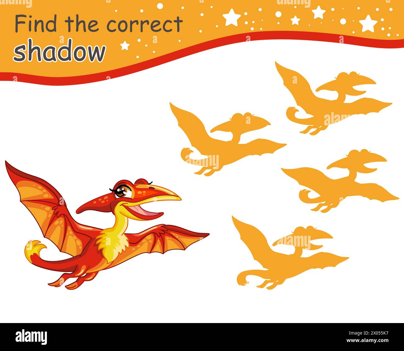 Suchen Sie den richtigen Schatten. Niedlicher Cartoon fliegende Pterodactyl-Dinosaurier. Pädagogisches Matching-Spiel für Kinder mit Zeichentrickfigur. Aktivität, Logikspiel, le Stock Vektor