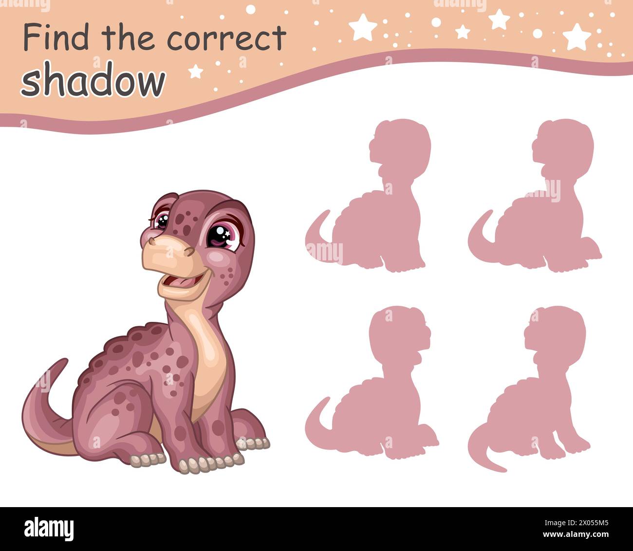 Suchen Sie den richtigen Schatten. Niedlicher Cartoon Baby Brontosaurus Dinosaurier. Pädagogisches Matching-Spiel für Kinder mit Zeichentrickfigur. Aktivität, Logikspiel, lea Stock Vektor