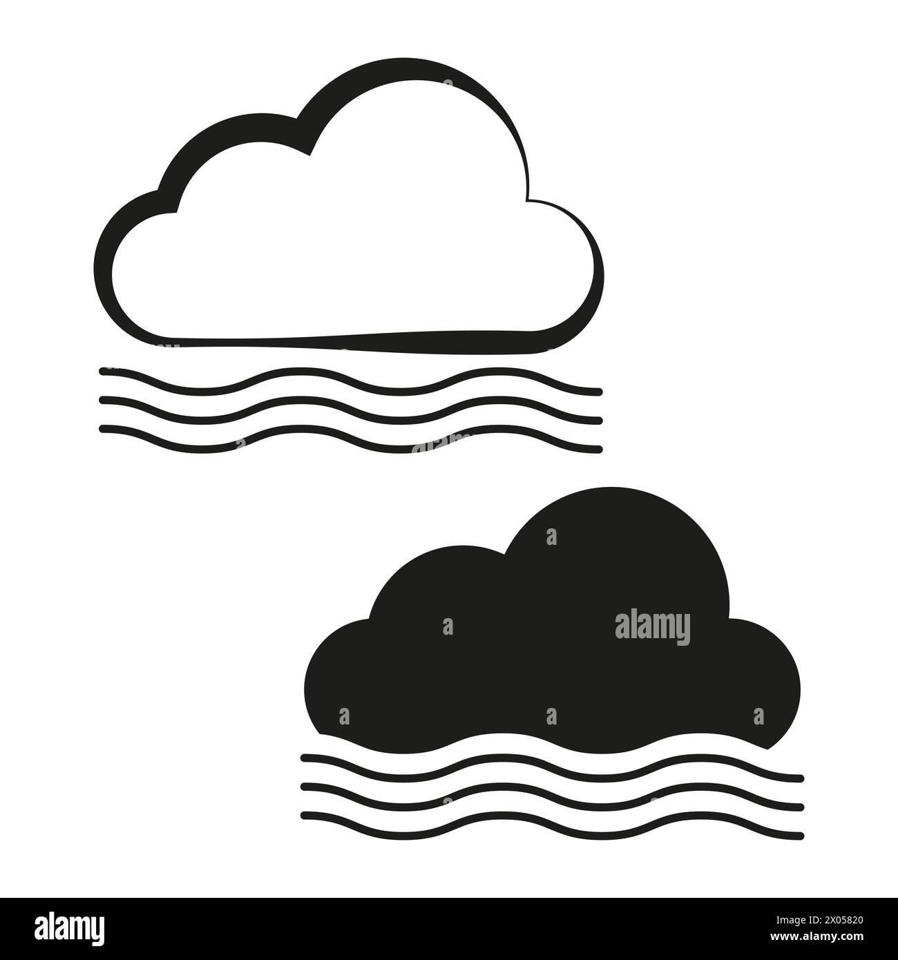 Symbole für Nebelwetter. Wolken- und Nebelsymbole. Schwarz-weiß-Design. Vektorabbildung. EPS 10. Stock Vektor