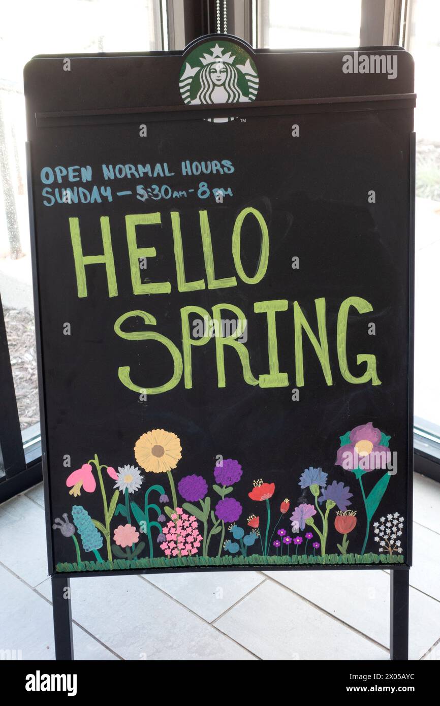 Schreibe im Starbucks Coffee Shop auf einem A-Rahmen „Hello Spring“ ab und gib die Öffnungszeiten an. St. Paul Minnesota MN USA Stockfoto
