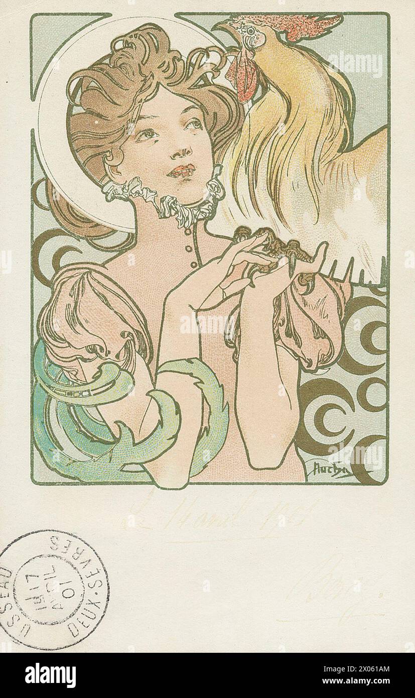 Frau und Hahn - Postkartenillustration von Alphonse Mucha, 1901 Stockfoto