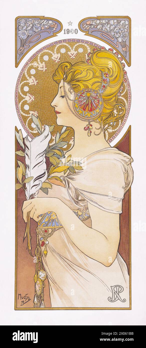 Frau mit Stift - Jugendstilplakat von Alphonse Mucha, La Plume, 1899 farbkorrigiert Stockfoto