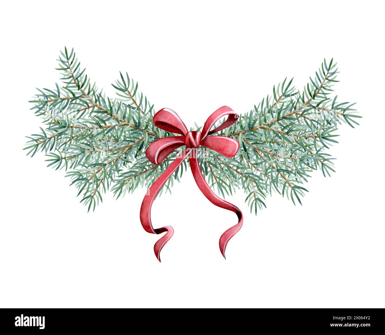 Weihnachtsbaumzweige Kranz mit roter Schleife Aquarell Illustration Vorlage für Winterfahnbanner, Grußkarte Stockfoto