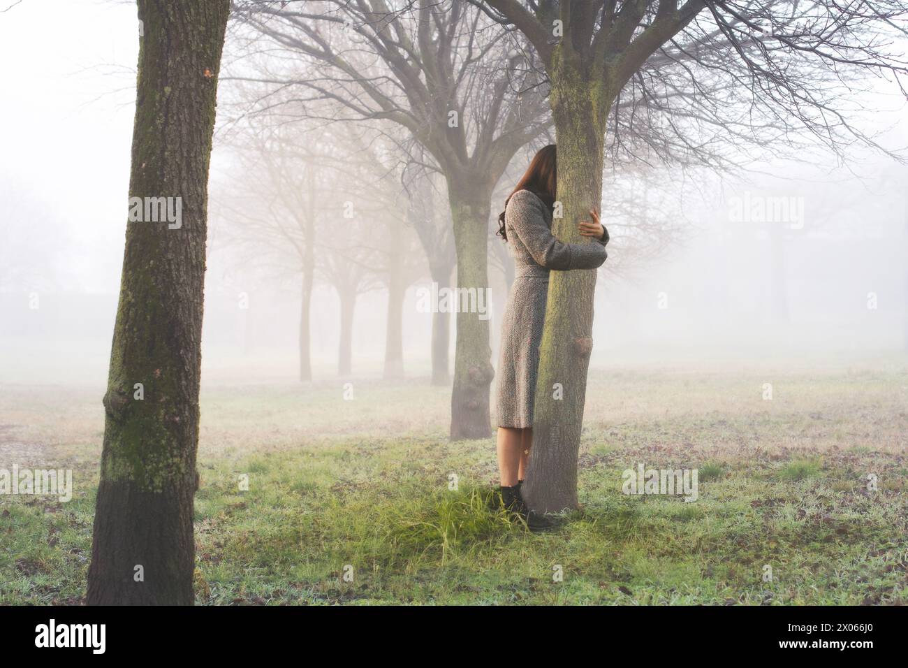 Frau umarmt mit Liebe den Stamm eines Baumes Symbol des Lebens, abstraktes Konzept Stockfoto