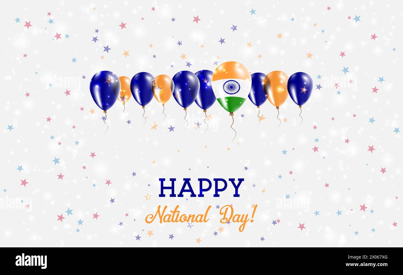 Poster Zum Indischen Unabhängigkeitstag: Funkelndes Patriotisches Poster. Reihe von Ballons in Farben der indischen Flagge. Grußkarte mit Nationalflaggen, Konfetti und Sternen Stock Vektor