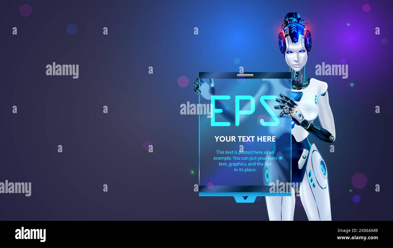 KI oder künstliche Intelligenz in Form eines humanoiden weiblichen Roboters hält ein leeres Poster oder Bildschirmschablone in den Händen. Vektor. AI bot präsentiert Bu Stock Vektor