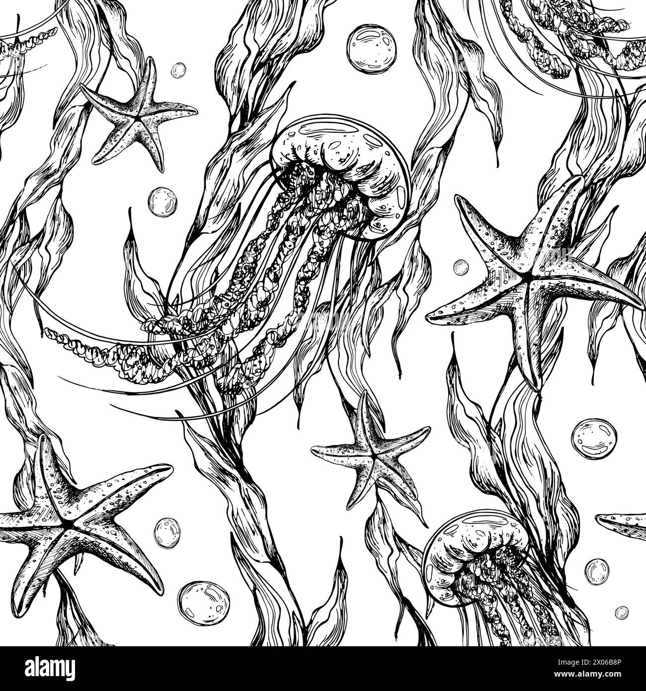 Unterwasserwelt-Clipart mit Meerestieren Quallen, Seesternen, Blasen und Algen. Grafische Abbildung, handgezeichnet mit schwarzer Tinte. Nahtloses Muster EPS Stock Vektor