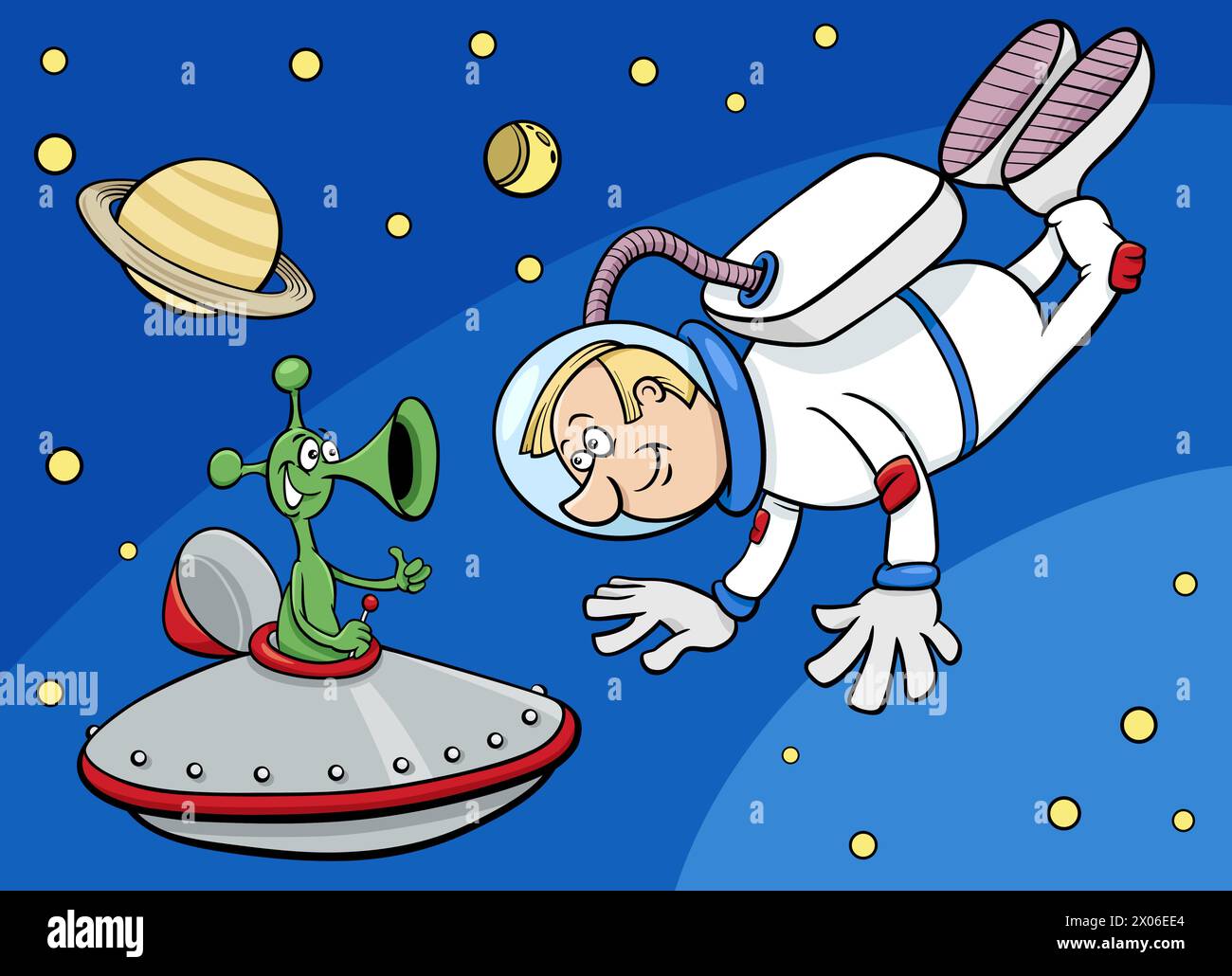 Cartoon-Illustration eines Raumfahrers oder Astronauten mit Alien im Weltraum Stock Vektor