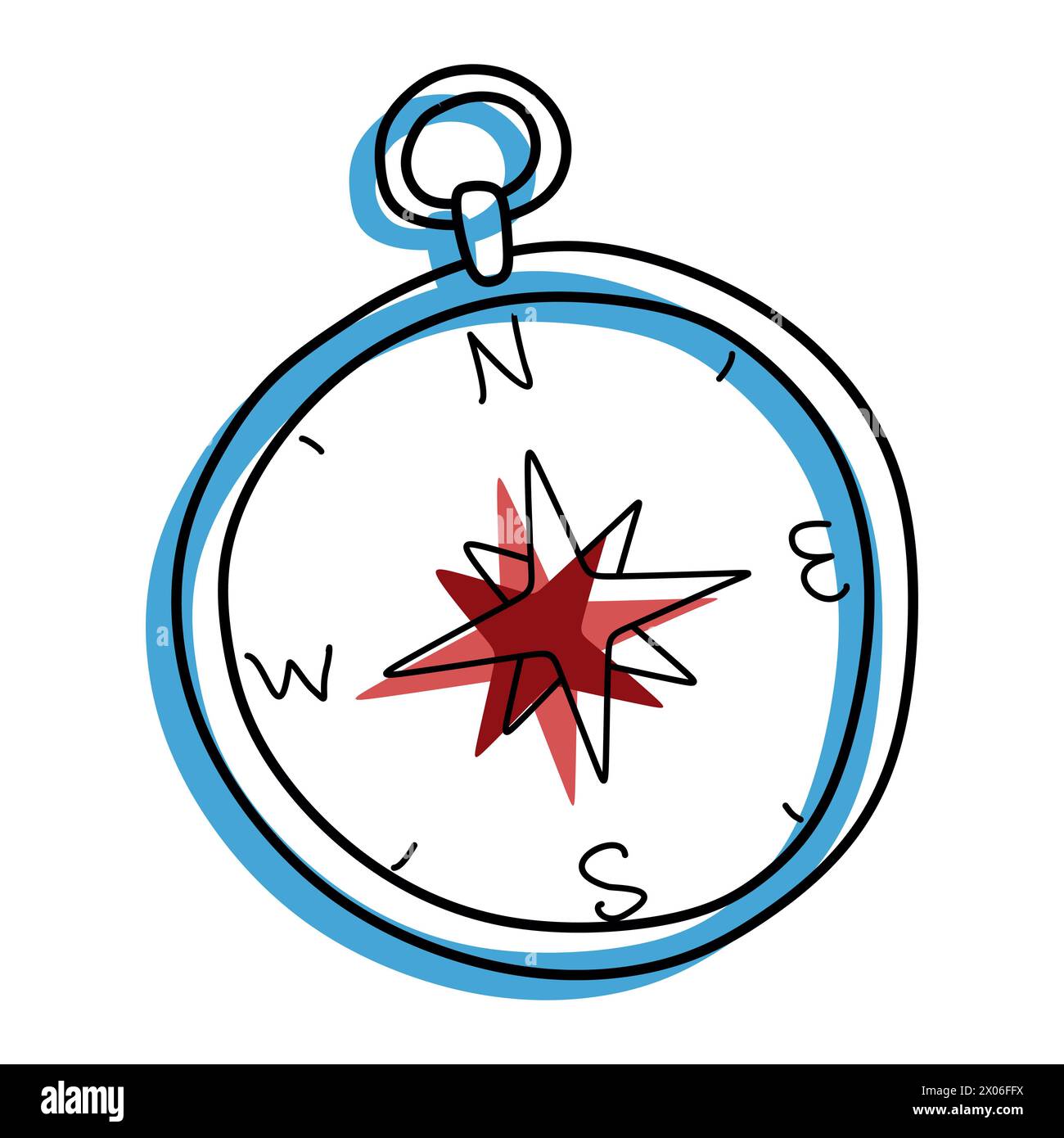 Symbol Kompassfarbe Kontur. Lineare Vektorillustration mit Farbformen, die auf weiß isoliert sind. Handgezogene Navigationsausrüstung für Reisen, Tou Stock Vektor