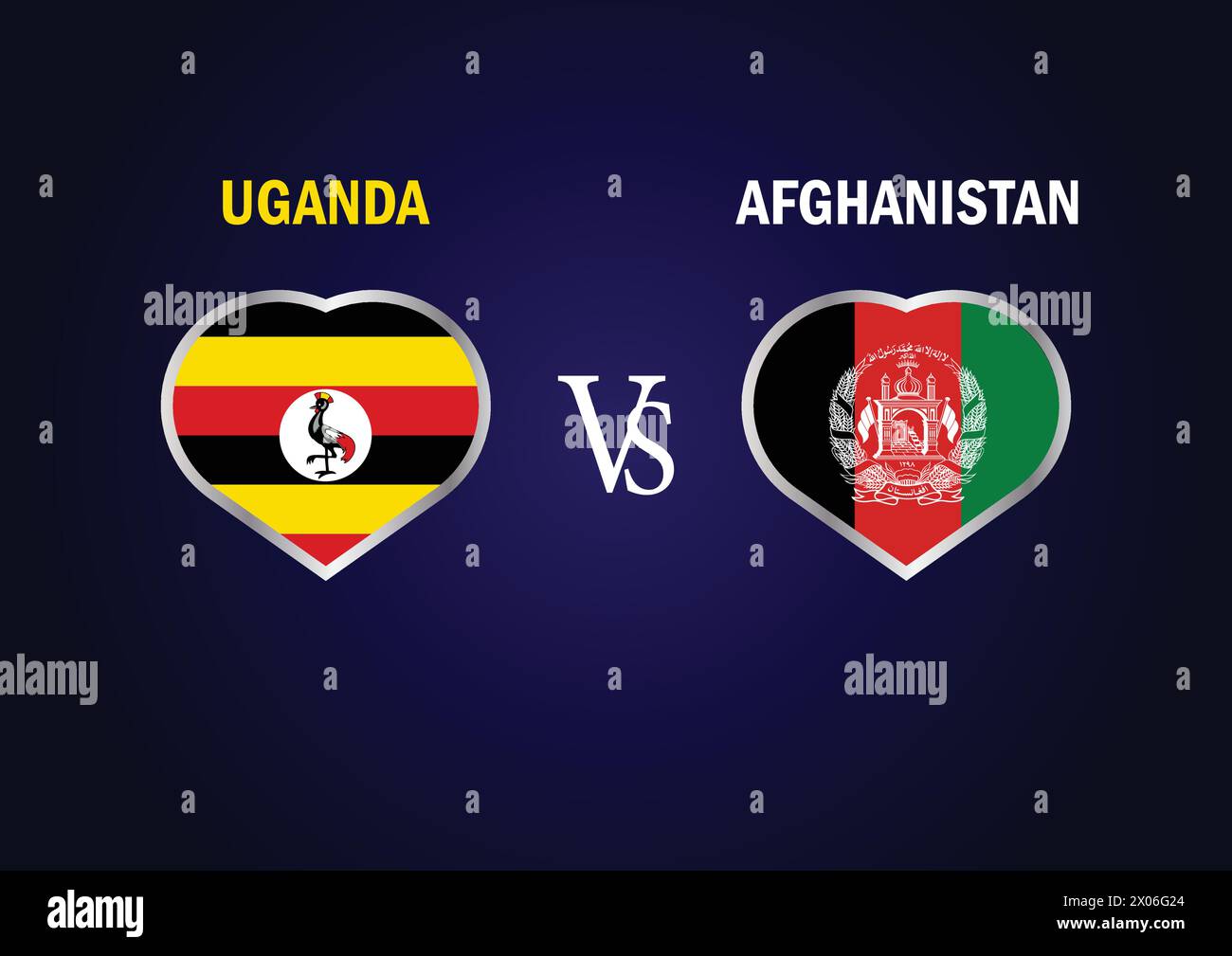 Uganda vs. Afghanistan, Cricket Match Konzept mit kreativer Illustration der Flagge der Teilnehmerländer Schlagmann und Herzen isoliert auf blauem Hintergrund. Stock Vektor