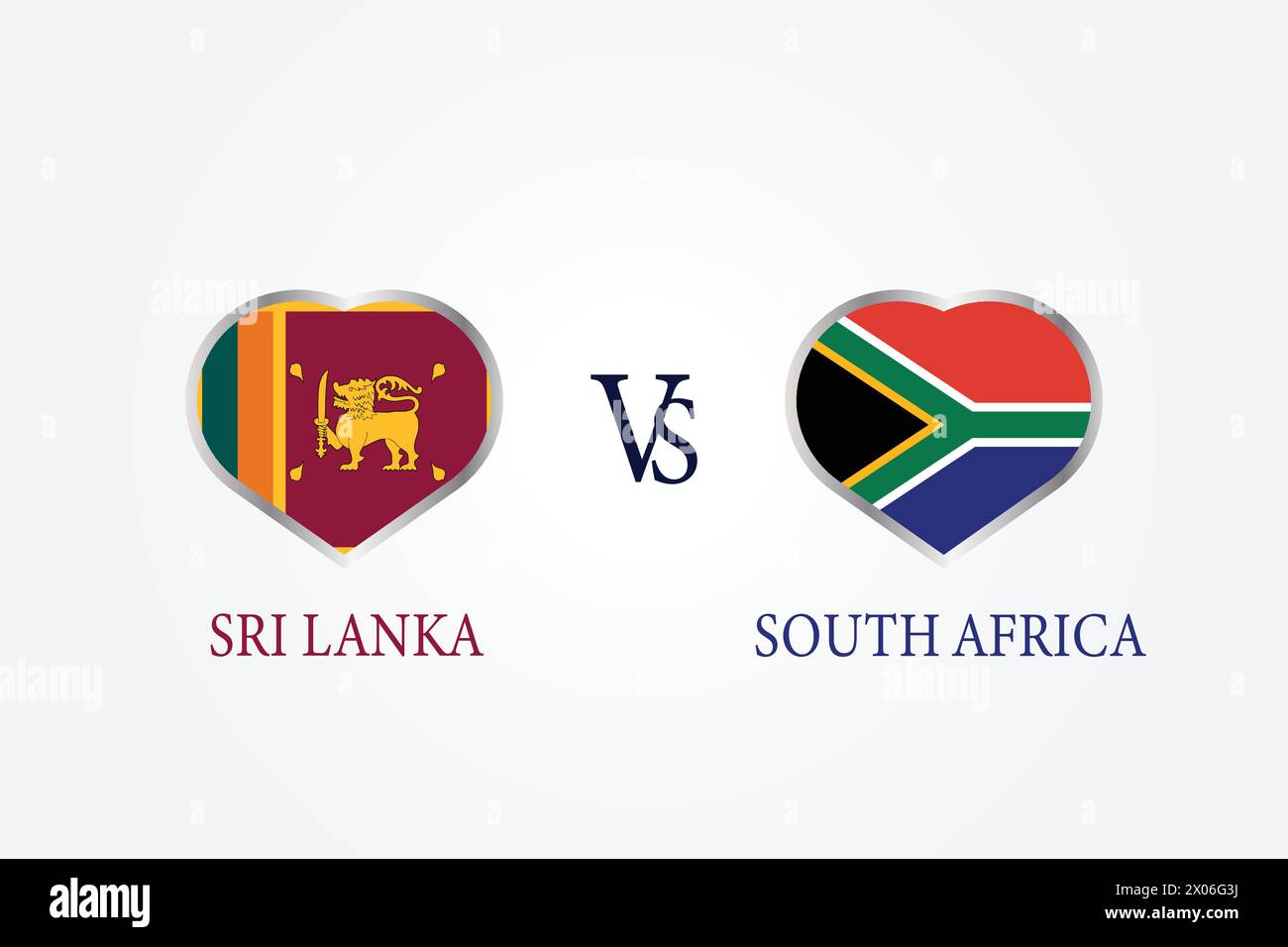 Sri Lanka vs. Südafrika, Cricket Match Konzept mit kreativer Illustration der Flagge der Teilnehmerländer Schlagmann und Herzen isoliert auf weiß Stock Vektor