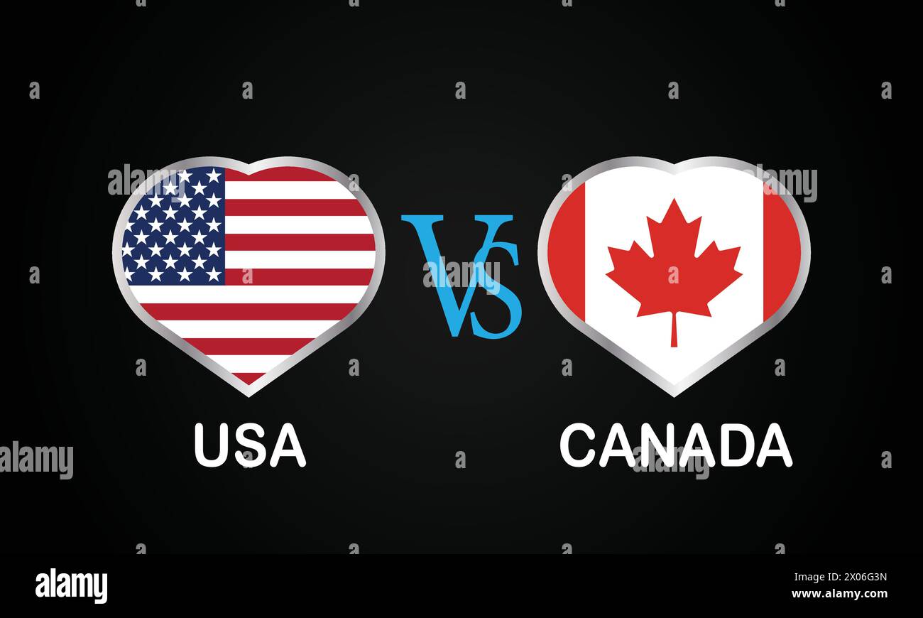 USA VS Canada, Cricket-Match-Konzept mit kreativer Illustration der Flagge der Teilnehmerländer Schlagmann und Herzen isoliert auf schwarzem Hintergrund Stock Vektor