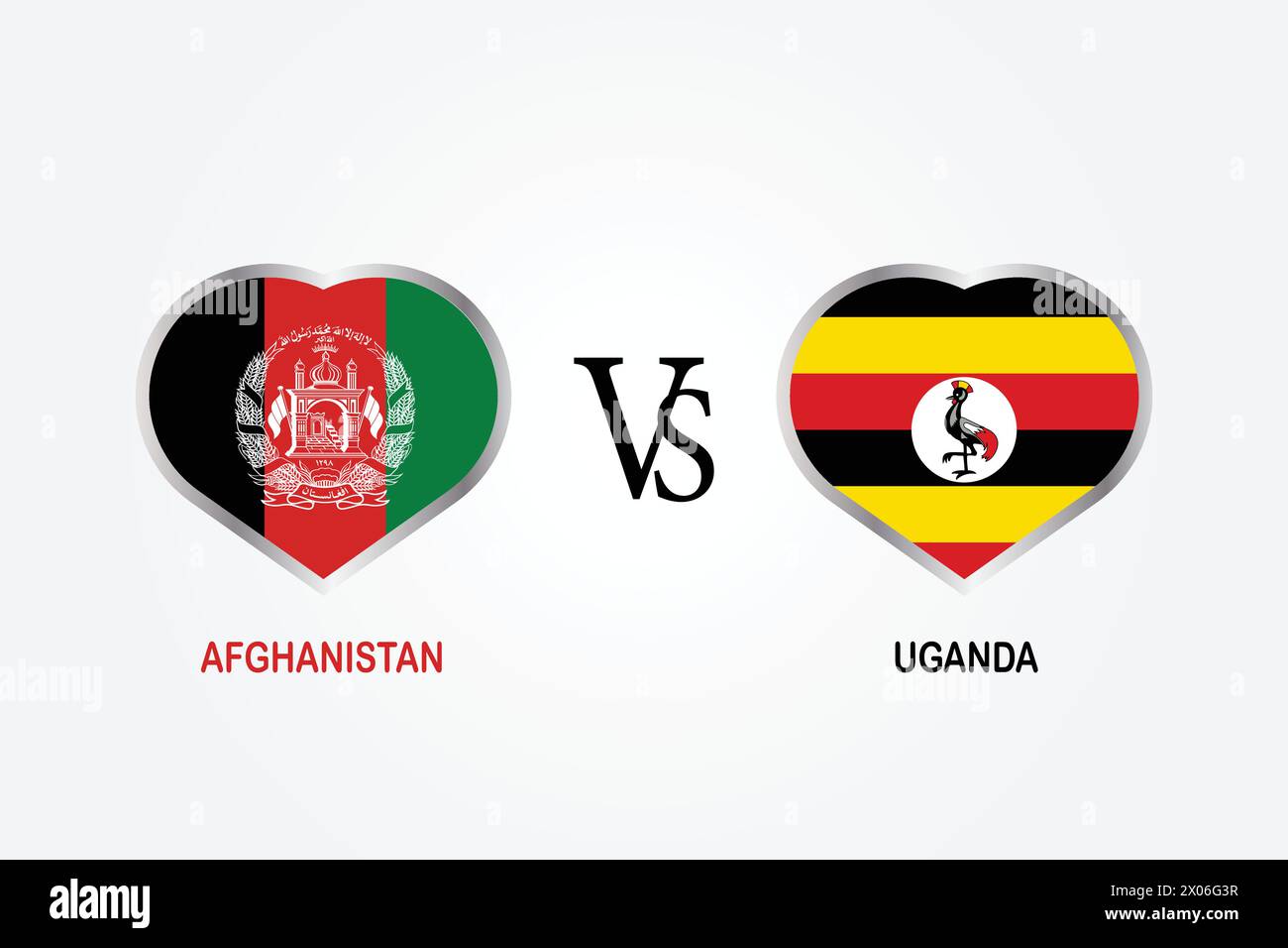 Afghanistan vs. Uganda, Cricket Match Konzept mit kreativer Illustration der Flagge der Teilnehmerländer Schlagmann und Herzen isoliert auf weißem Hintergrund. Stock Vektor