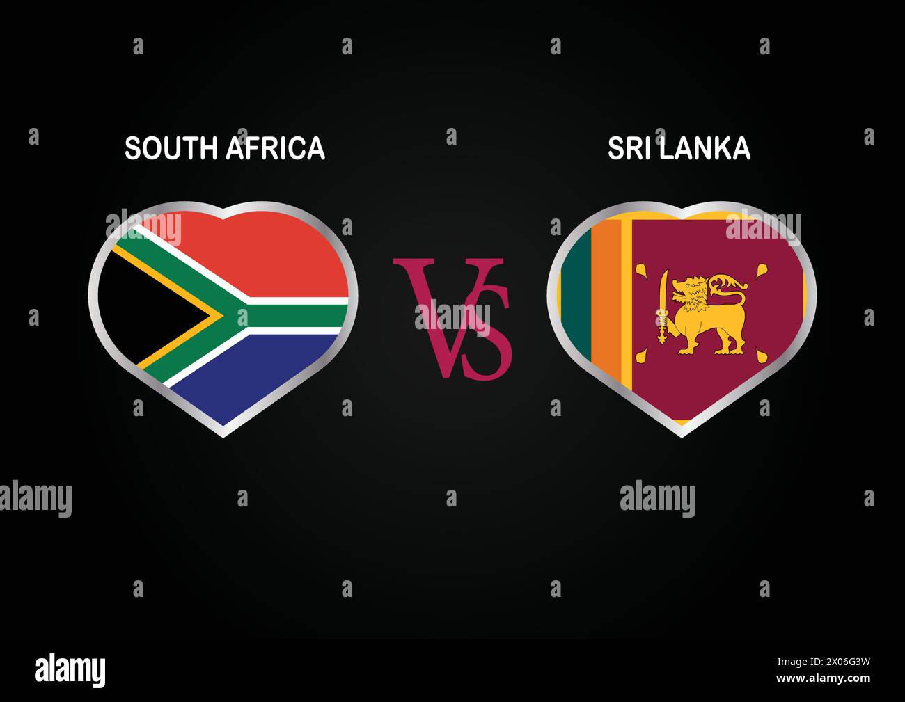 Südafrika gegen Sri Lanka, Cricket-Match-Konzept mit kreativer Illustration der Flagge der Teilnehmerländer Schlagmann und Herzen isoliert auf Schwarz Stock Vektor