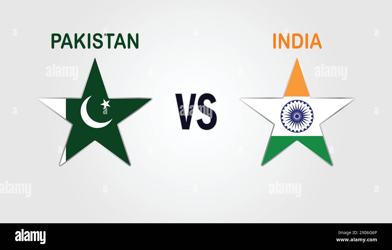Pakistan VS India, Cricket Match Konzept mit kreativer Illustration der Flagge der Teilnehmerländer Schlagmann und Sterne isoliert auf weißem Hintergrund Stock Vektor