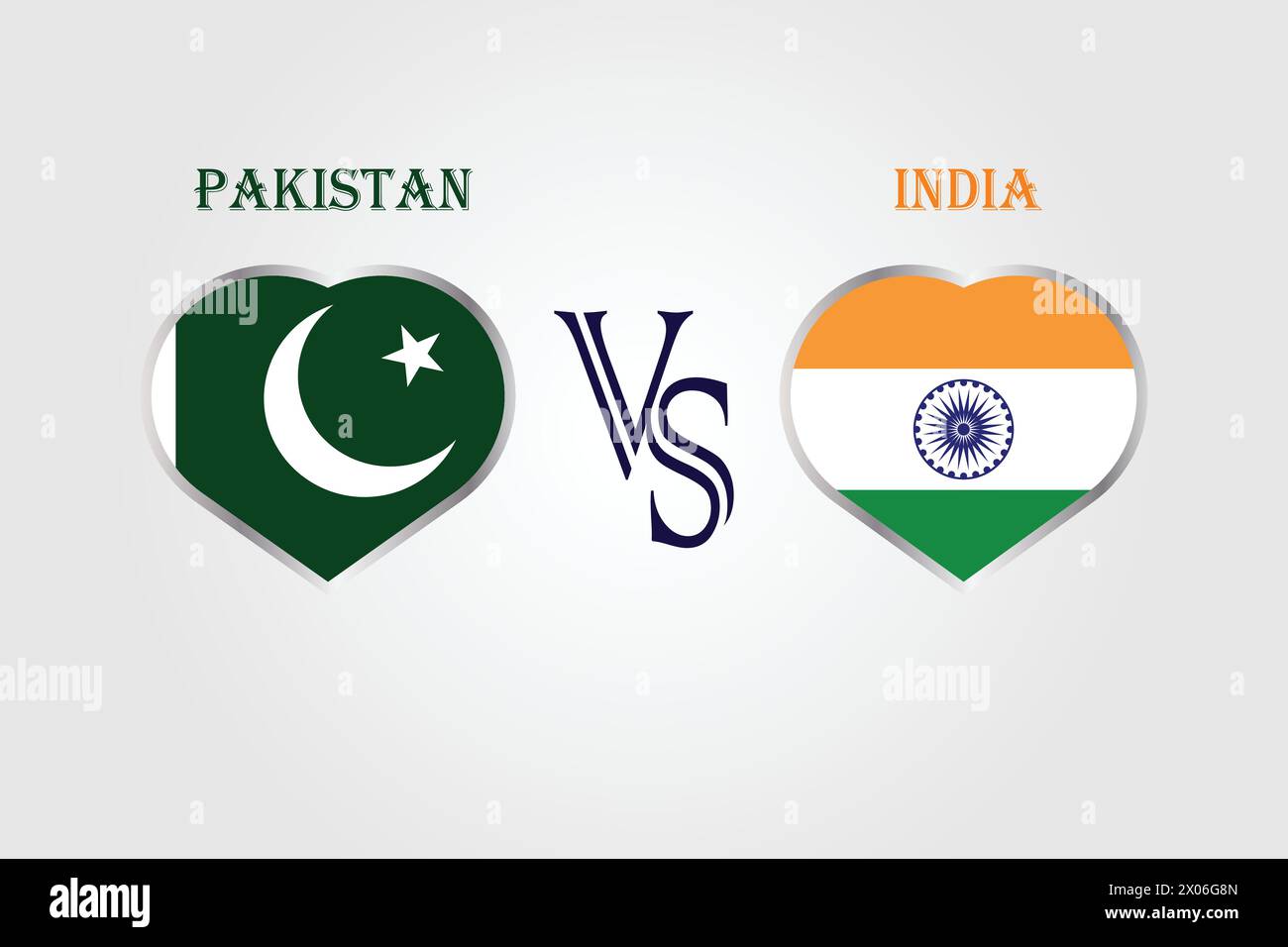 Pakistan vs. Indien, Cricket Match Konzept mit kreativer Illustration der Flagge der Teilnehmerländer Schlagmann und Herzen isoliert auf weißem Hintergrund Stock Vektor