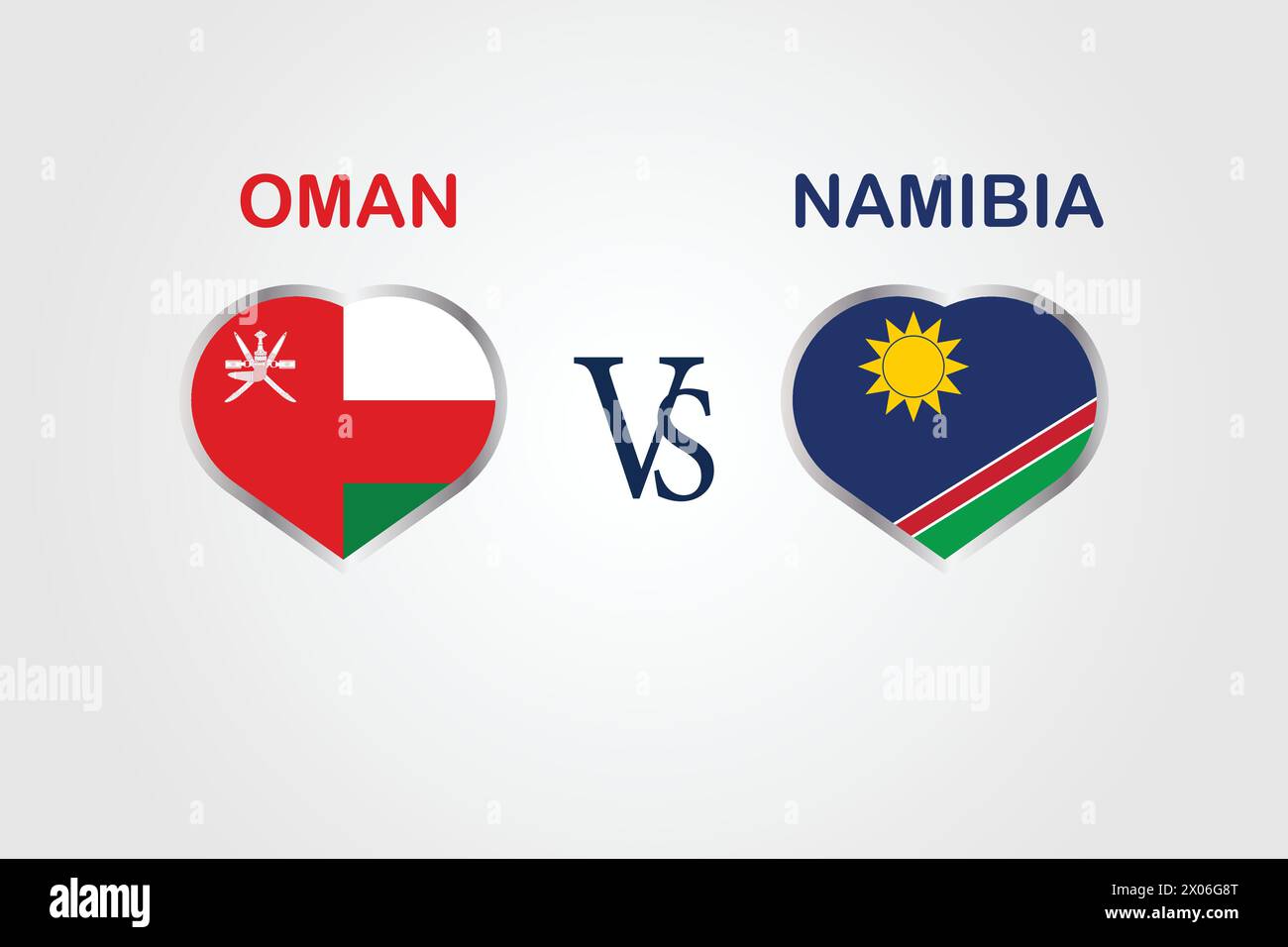 Oman VS Namibia, Cricket Match Konzept mit kreativer Illustration der Flagge der Teilnehmerländer Schlagmann und Herzen isoliert auf weißem Hintergrund Stock Vektor
