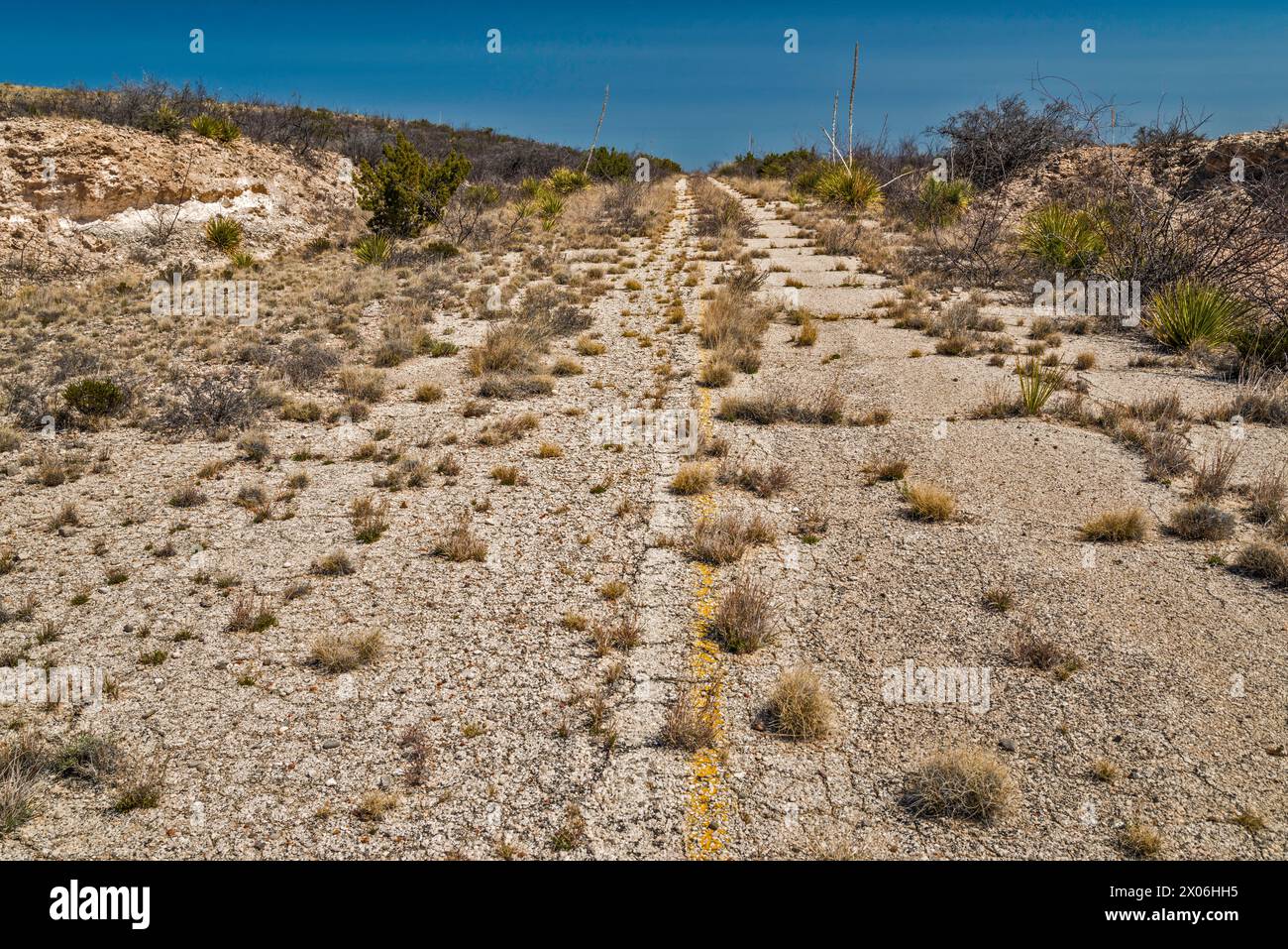 Verlassener Abschnitt der US-180, US-62 Highway mit Überwuchs, in der Nähe der Guadalupe Mountains, Texas, USA Stockfoto