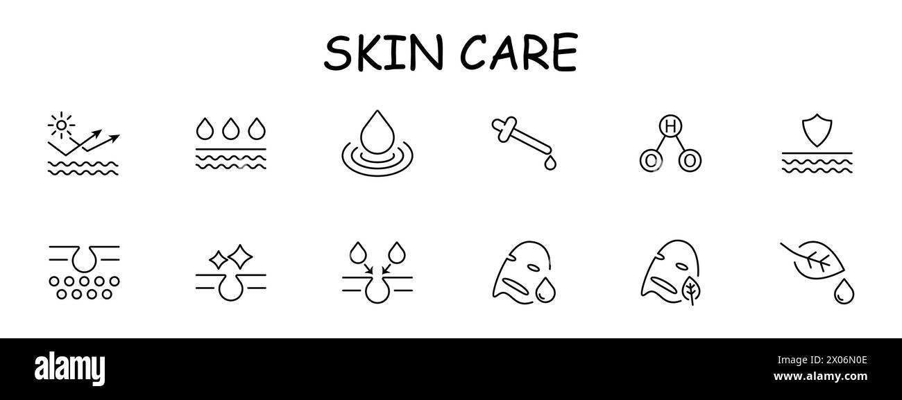 Symbolsatz für Hautpflege. HO2, Hydroperoxyl, Blatt, Tropfen, flüssig, Maske, Naturprodukte, Hautschutz, Creme, Öl, Silhouette, . Gesundheitskonzept. Ve Stock Vektor