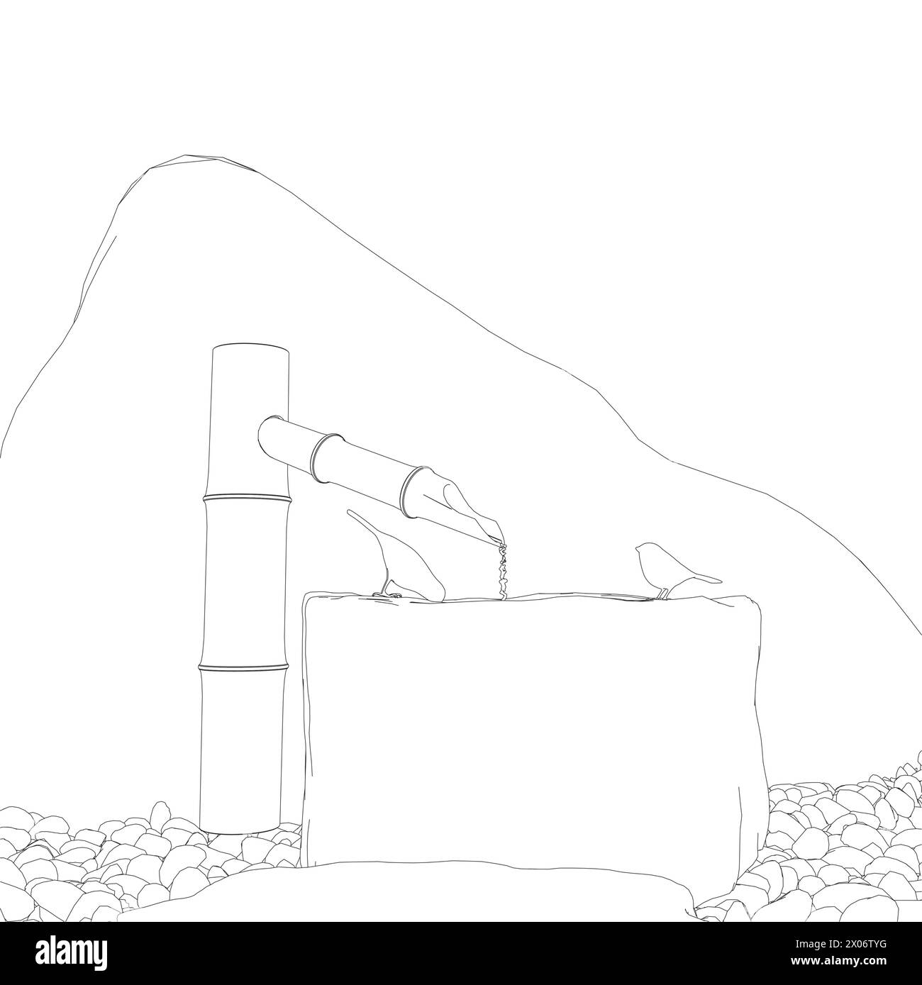 Umriss zweier Vögel, die auf einem Brunnen sitzen und Wasser aus schwarzen Linien auf weißem Hintergrund trinken. 3D. Vektorabbildung. Stock Vektor
