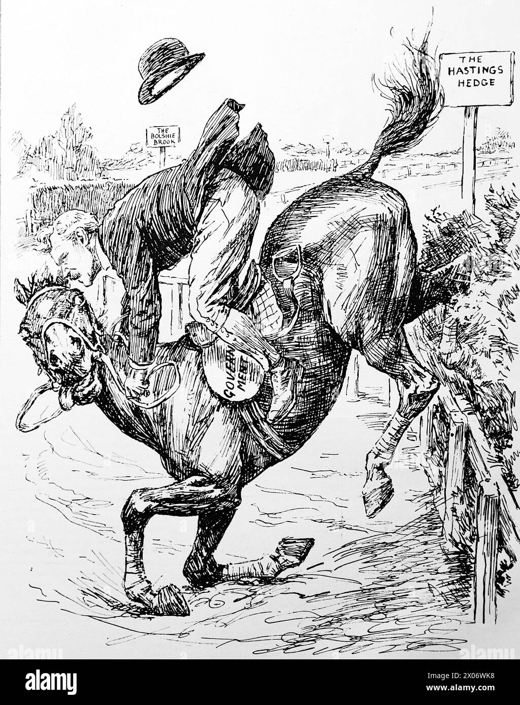 A Choice of Böse, Unattributed, 15. Oktober 1924, bei dem Labour-Premierminister Ramsay Macdonald auf einem Pferd reitet, das nach einem Sprung fällt. Foto von einer Strichzeichnung, die ursprünglich 1924 in der Zeitschrift Punch and London Charivari gedruckt wurde. Dies ist ein gutes Beispiel für die geschickten Künstler und den Humor und die Satire der damaligen Zeit. Stockfoto