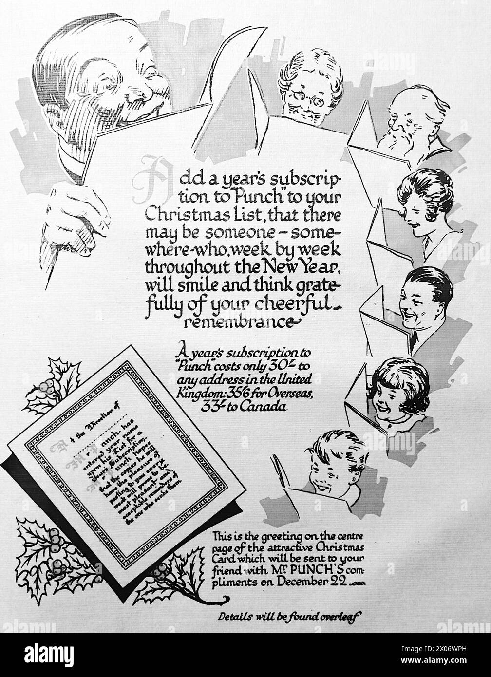 A Punch Magazine Subscription Advert, 3. Dezember 1924. Foto von einer Strichzeichnung, die ursprünglich 1924 in der Zeitschrift Punch and London Charivari gedruckt wurde. Dies ist ein gutes Beispiel für die geschickten Künstler und den Humor und die Satire der damaligen Zeit. Stockfoto
