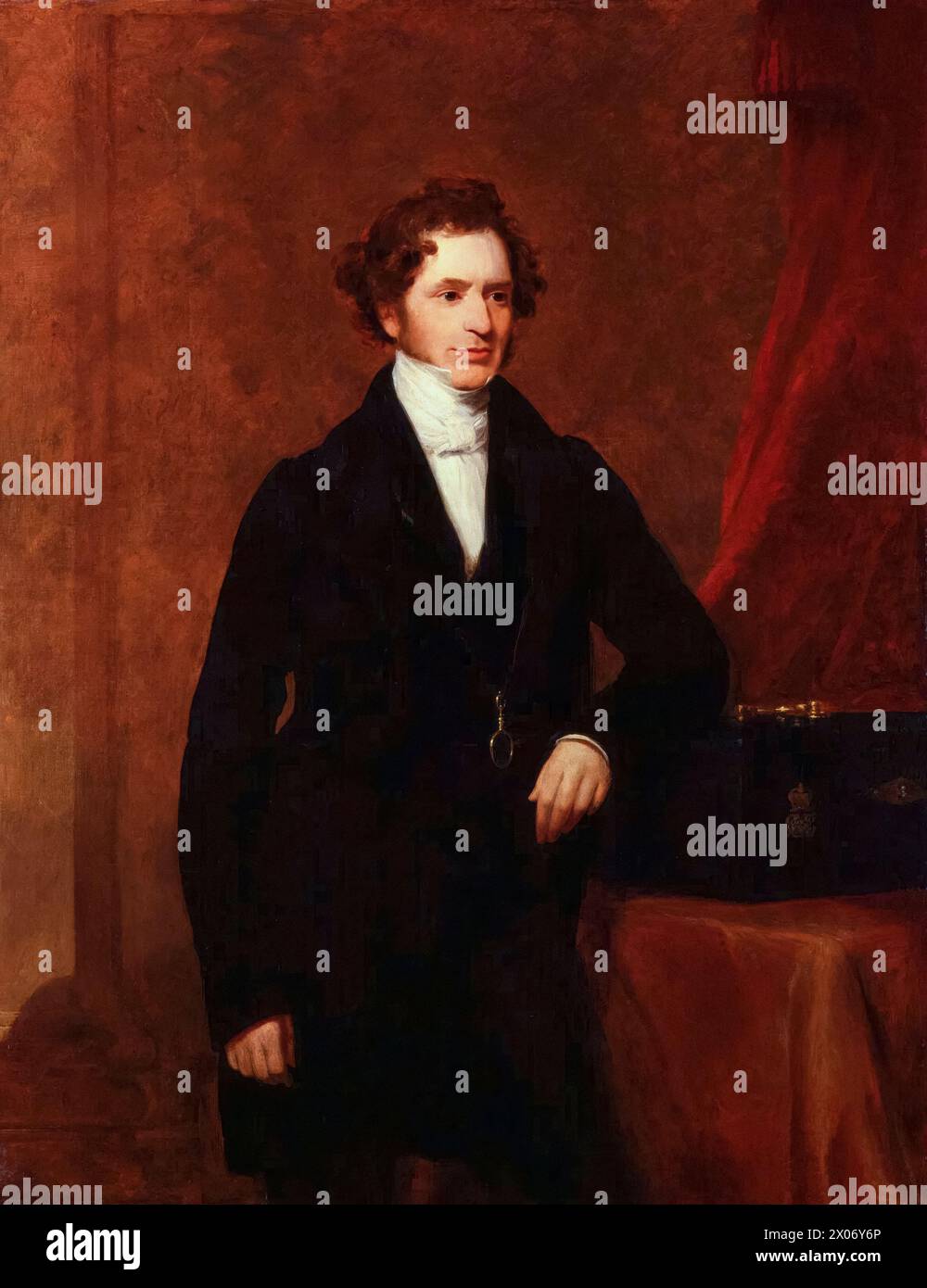 Edward Smith-Stanley, 14. Earl of Derby (1799–1869), bekannt als „Lord Stanley“, diente dreimal als Premierminister des Vereinigten Königreichs 1852, 1858–1859 und 1866–1868, Porträtmalerei in Öl auf Leinwand von Frederick Richard Say, 1844 Stockfoto