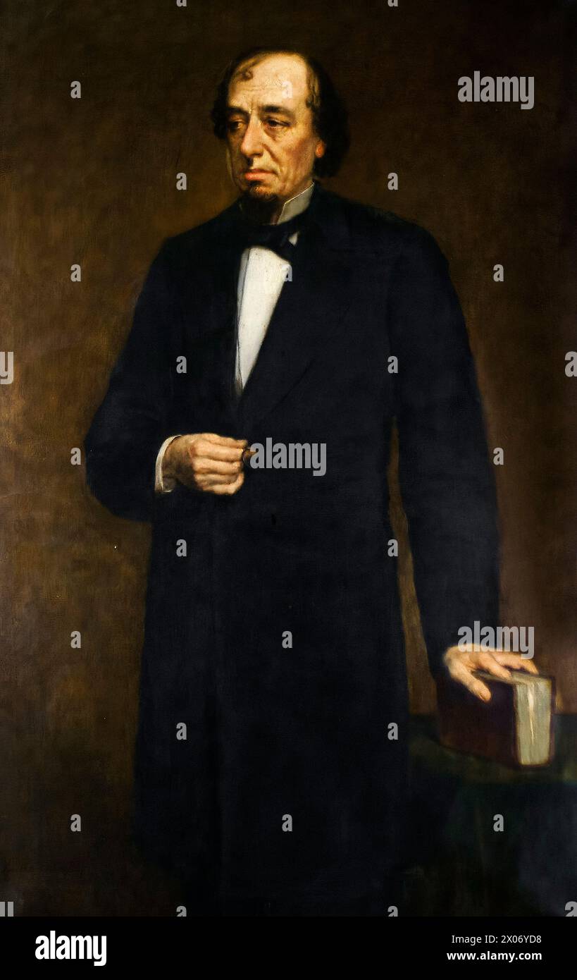 Benjamin Disraeli, 1. Earl of Beaconsfield (1804–1881), zweimal Premierminister des Vereinigten Königreichs 1868 und 1874–1880, Porträtgemälde in Öl auf Leinwand von Pieter Van Havermaet, 1879 Stockfoto
