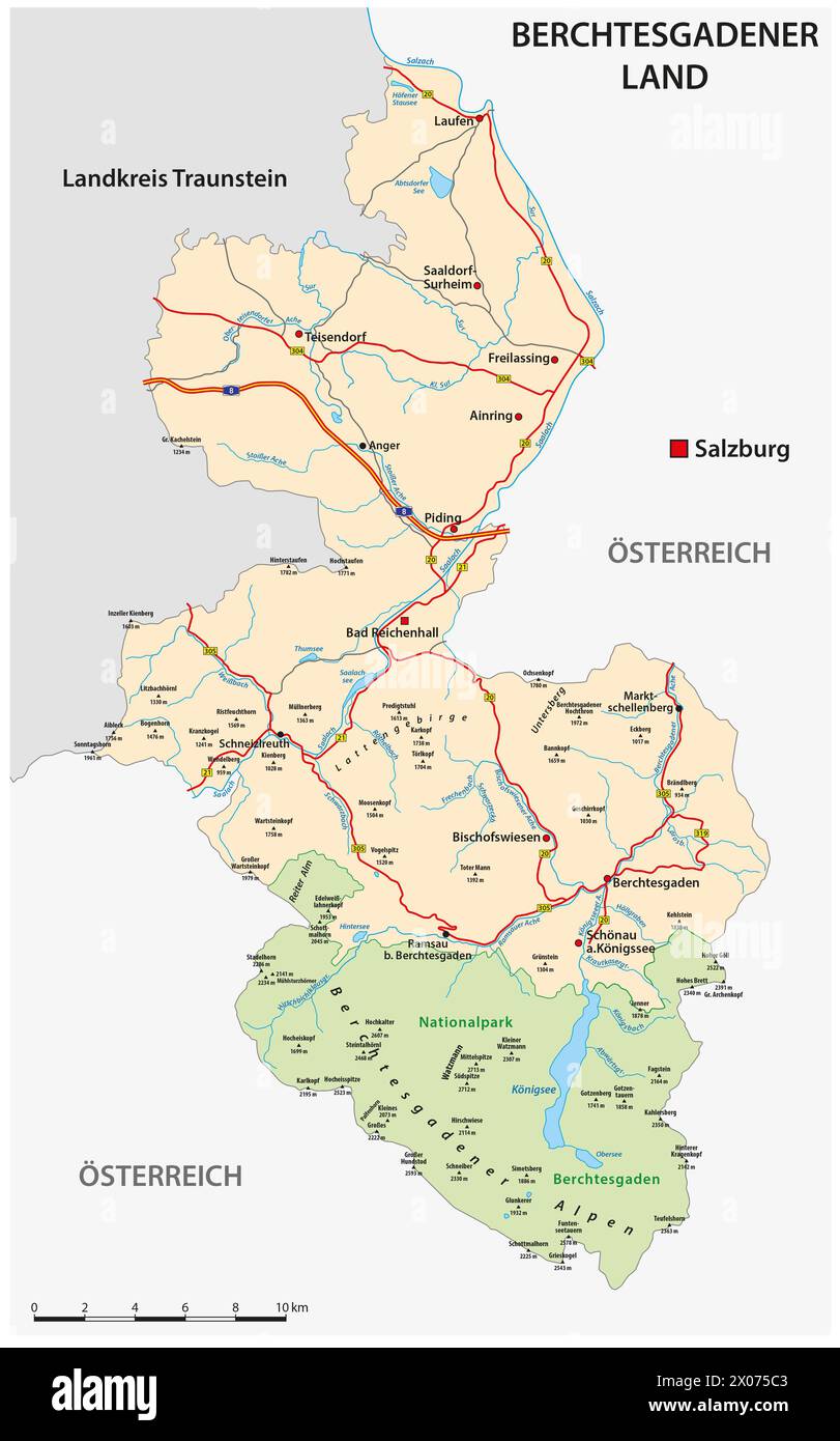 Straßenkarte des Landkreises Berchtesgadener Land, Bayern, Deutschland Stockfoto