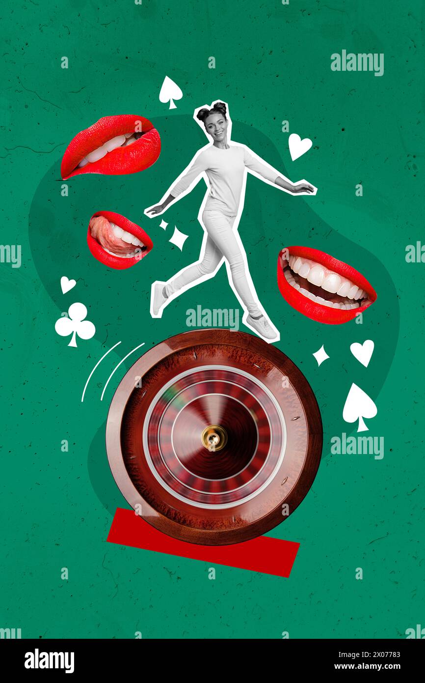 Composite 3D Foto vertikale Collage aus schwarz-weißer Silhouette fröhliche glückliche Dame läuft auf riesigen Casino Roulette Rad große Münder fliegen nahe Stockfoto