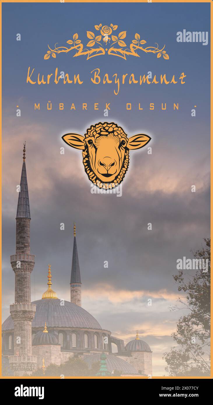 Kurban Bayraminiz Mubarek Olsun oder Eid al-Adha Grußkarte mit Schafmotiv und Moschee-Silhouette vor einem Abendhimmel. Post , Historie Stock Vektor