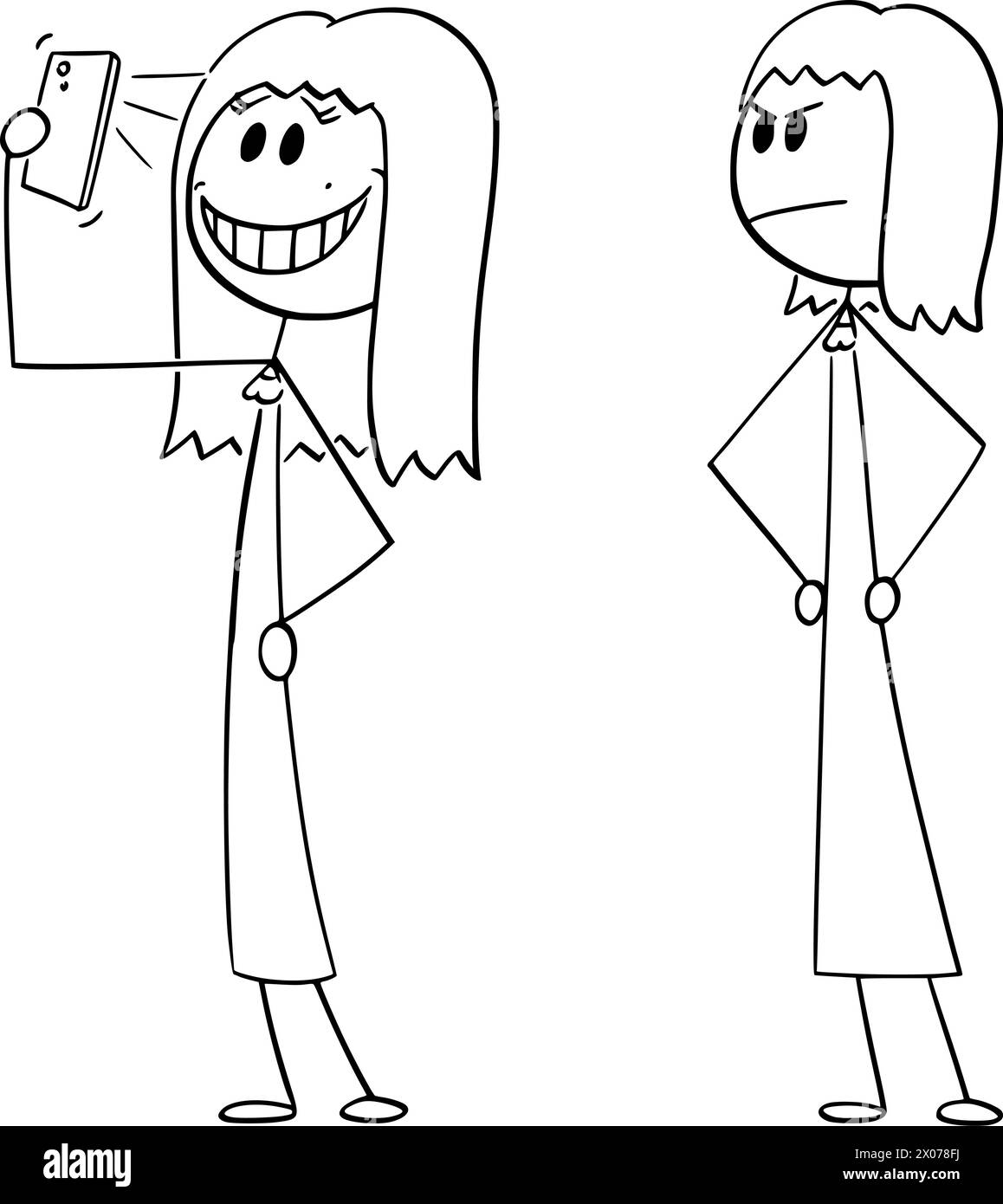 Frau nimmt Selfie, eine andere Frau sucht, Vektor-Cartoon-Stick-Abbildung Stock Vektor