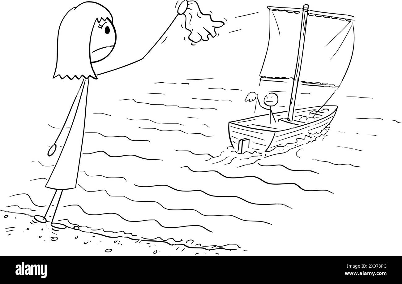 Boot Segelt Weg, Auf Wiedersehen, Vektor Cartoon Stick Abbildung Illustration Stock Vektor