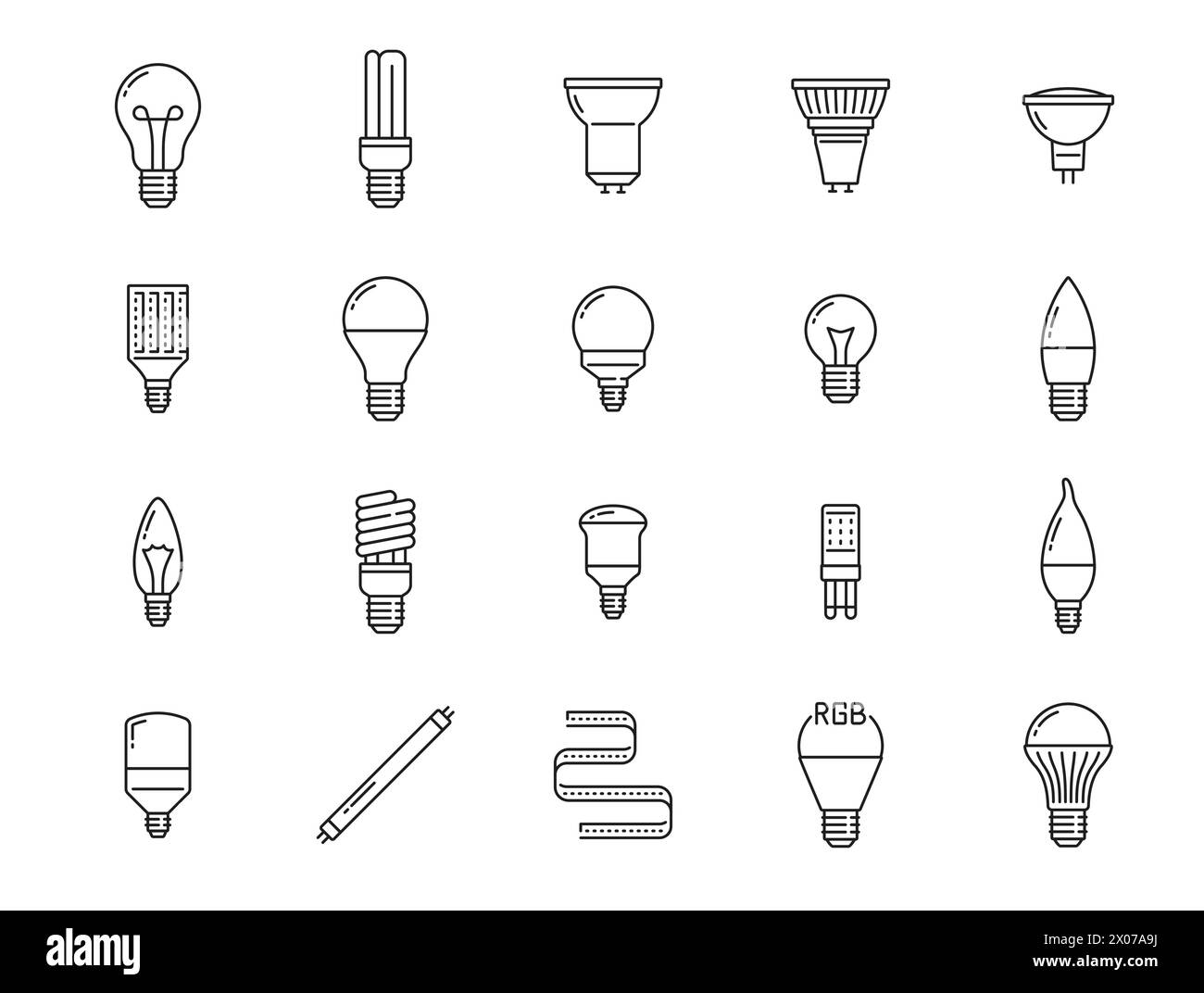 Lampen- und LED-Liniensymbole. Isolierte Vektoren einfache Umrissschilder stellen Beleuchtungstechnologie dar. Schlanke Reihe von herkömmlichen und modernen energieeffizienten Geräten für Beleuchtungslösungen Stock Vektor